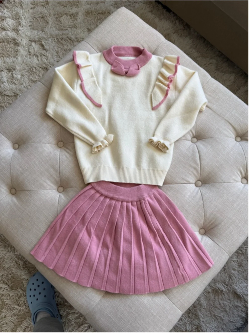 Girls Matching Set Size 6 Pink & Cream Sweater Skirt Outfit